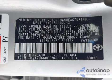 2012 Toyota Camry Xle V6 from USA, damaged, VIN 4T1BK1FK5CU513674